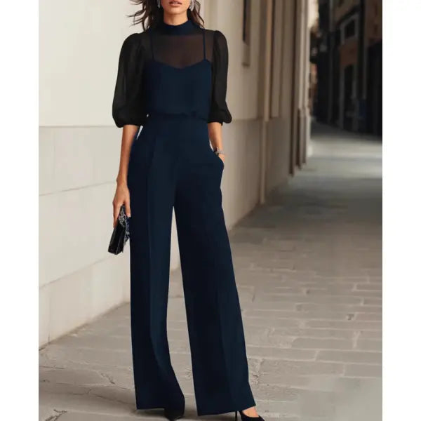 Three Piece Mesh Pant Suit Professional Women’s Business Fashion - Marineblau / 3XL - None