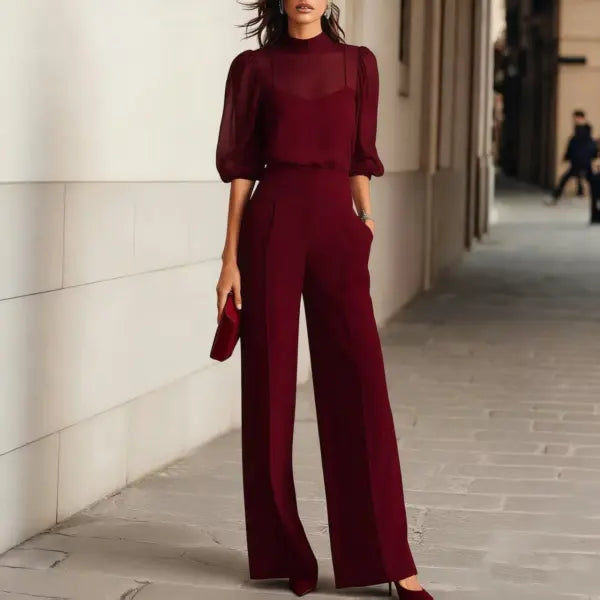 Three Piece Mesh Pant Suit Professional Women’s Business Fashion - Wine Red / 3XL - None