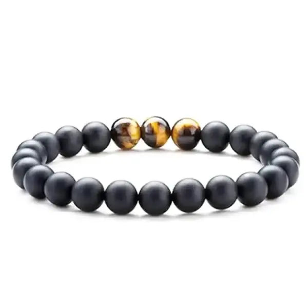 Tiger eye couple bracelets with matte black agate beads and gold accents
