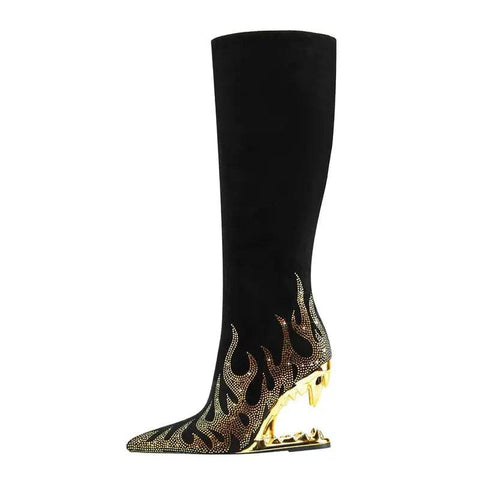 Tiger Tooth Boots: Stylish Stretch Boots with Rhinestone Flame Design - Gold / 35