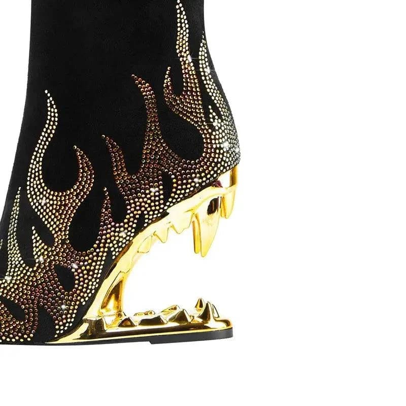 Tiger Tooth Boots: Stylish Stretch Boots with Rhinestone Flame Design