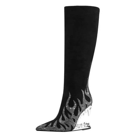 Tiger Tooth Boots: Stylish Stretch Boots with Rhinestone Flame Design - Silver / 37