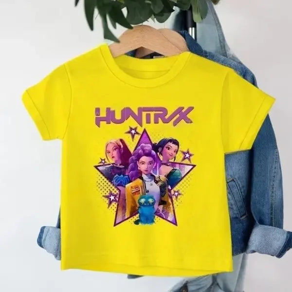 Toddler Girl Kpop Demon Hunters Cartoon T-Shirt – Cute Harajuku Summer Top Fun Gift for Little Fans - TZ1450-yellow / L