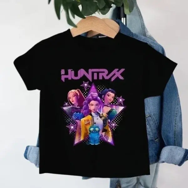 Toddler Girl Kpop Demon Hunters Cartoon T-Shirt – Cute Harajuku Summer Top Fun Gift for Little Fans - TZ1450-black / S