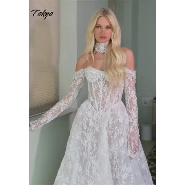 Tokyo Wedding Dress A-Line White Lace Elegant Off the Shoulder Gown - as pic / 50cm / 10