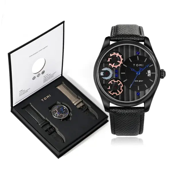 TOMI Mens Quartz Watch Alloy Case Business Gift Set - Black