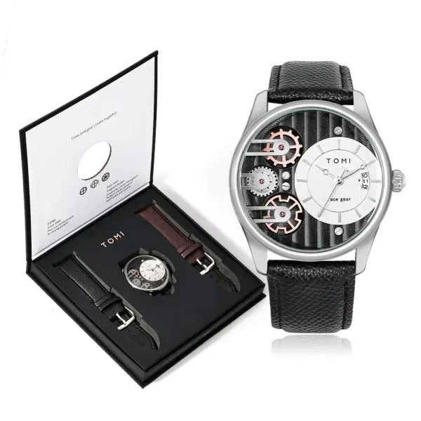 TOMI Mens Quartz Watch Alloy Case Business Gift Set - Black Silver