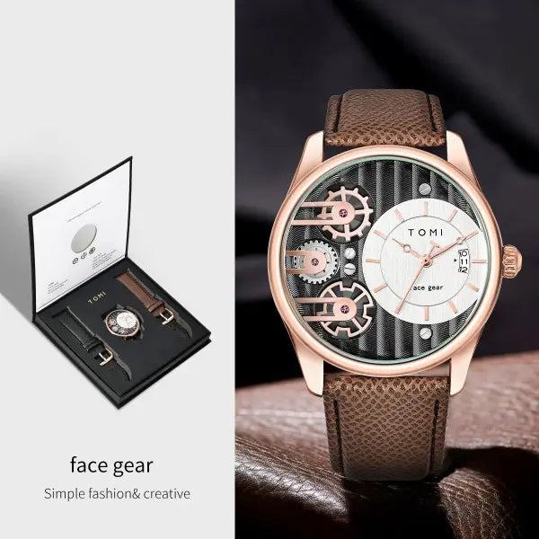 TOMI Mens Quartz Watch Alloy Case Business Gift Set - Brown Rose Gold