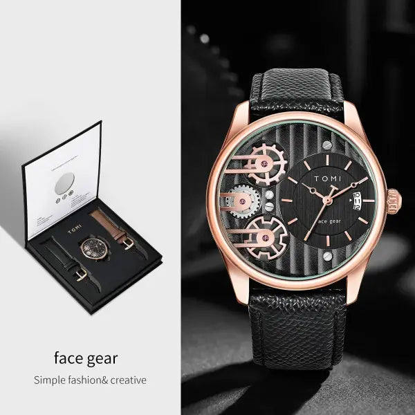 TOMI Mens Quartz Watch Alloy Case Business Gift Set - Black Rose Gold