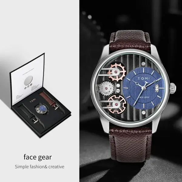 TOMI Mens Quartz Watch Alloy Case Business Gift Set - Brown Silver