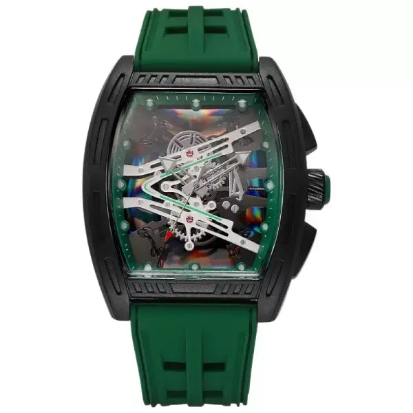 Tonneau Case Men Quartz Watch Silicone Band Sport Skeleton - green