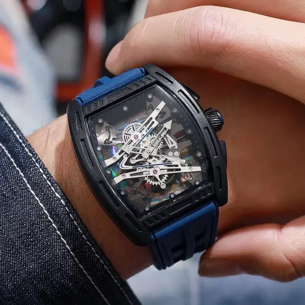 Tonneau Case Men Quartz Watch Silicone Band Sport Skeleton