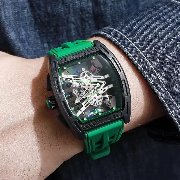 Tonneau Case Men Quartz Watch Silicone Band Sport Skeleton
