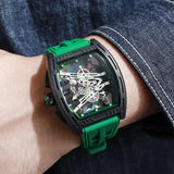 Tonneau Case Men Quartz Watch Silicone Band Sport Skeleton
