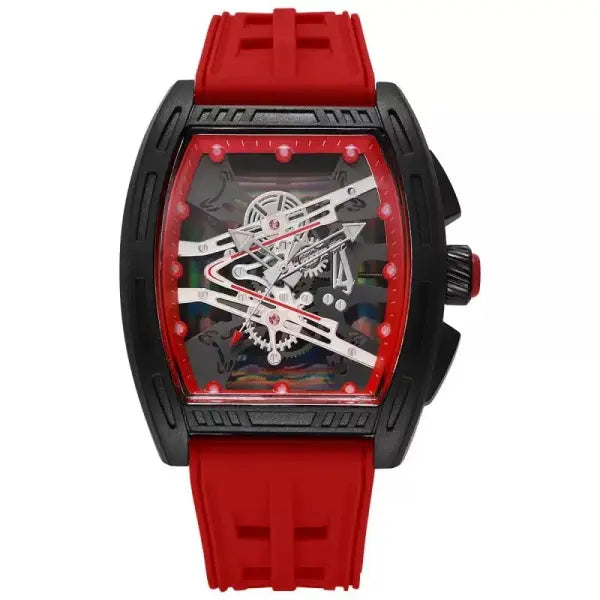 Tonneau Case Men Quartz Watch Silicone Band Sport Skeleton - Red