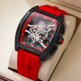 Tonneau Case Men Quartz Watch Silicone Band Sport Skeleton