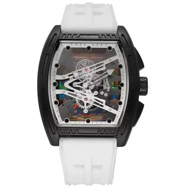 Tonneau Case Men Quartz Watch Silicone Band Sport Skeleton - WHITE