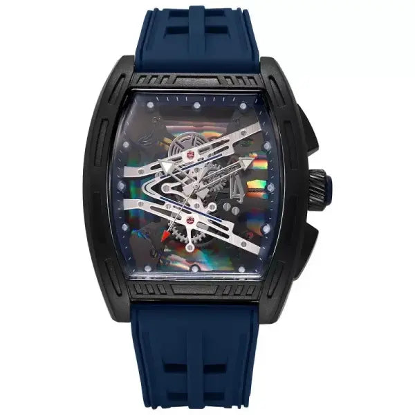 Tonneau Case Men Quartz Watch Silicone Band Sport Skeleton - Blue
