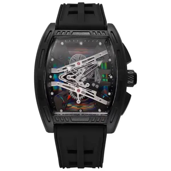 Tonneau Case Men Quartz Watch Silicone Band Sport Skeleton - black