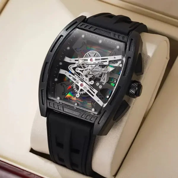 Tonneau Case Men Quartz Watch Silicone Band Sport Skeleton