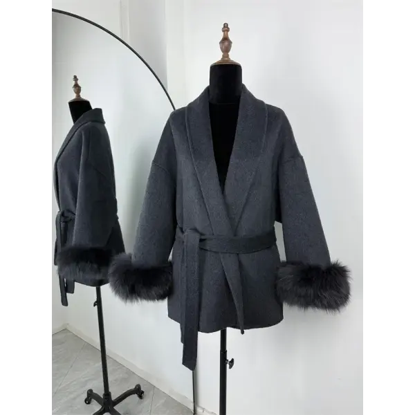 Tossy Women’s Fox Fur Wool Overcoat – Elegant Short Double-Sided Wool Coat Office Lady Loose Cardigan Jacket - Dark