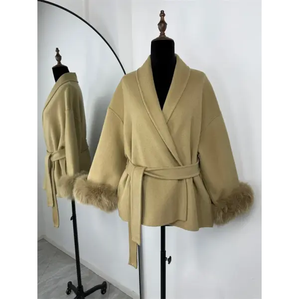 Tossy Women’s Fox Fur Wool Overcoat – Elegant Short Double-Sided Wool Coat Office Lady Loose Cardigan Jacket - Yellow