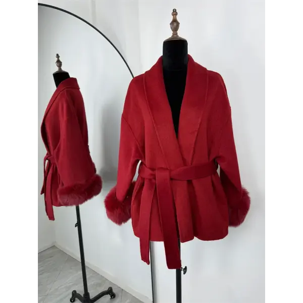 Tossy Women’s Fox Fur Wool Overcoat – Elegant Short Double-Sided Wool Coat Office Lady Loose Cardigan Jacket - Red / S