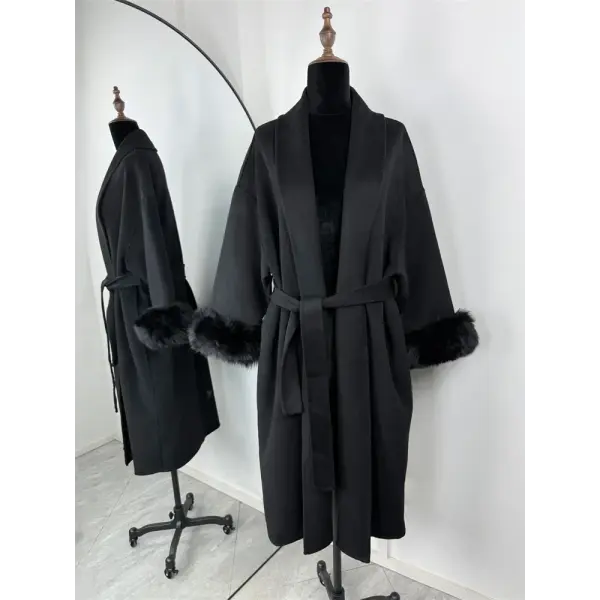 Tossy Women’s Fox Fur Wool Overcoat – Elegant Short Double-Sided Wool Coat Office Lady Loose Cardigan Jacket - Black