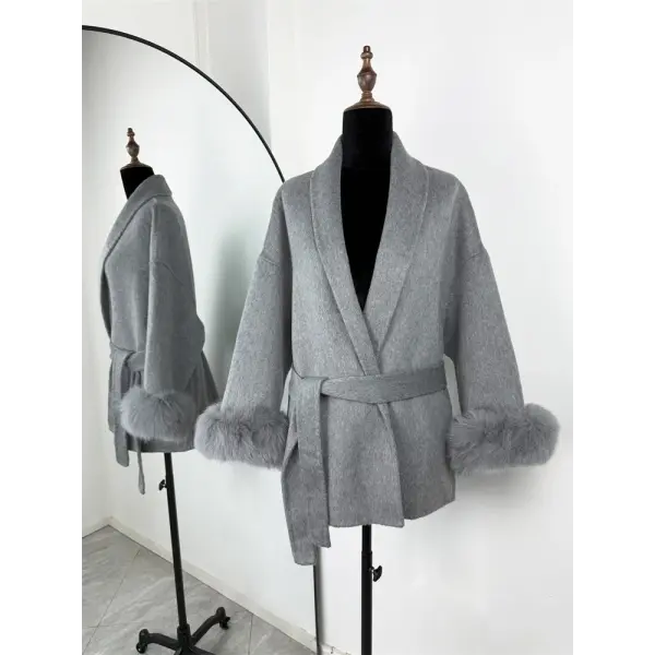 Tossy Women’s Fox Fur Wool Overcoat – Elegant Short Double-Sided Wool Coat Office Lady Loose Cardigan Jacket - Gray / S