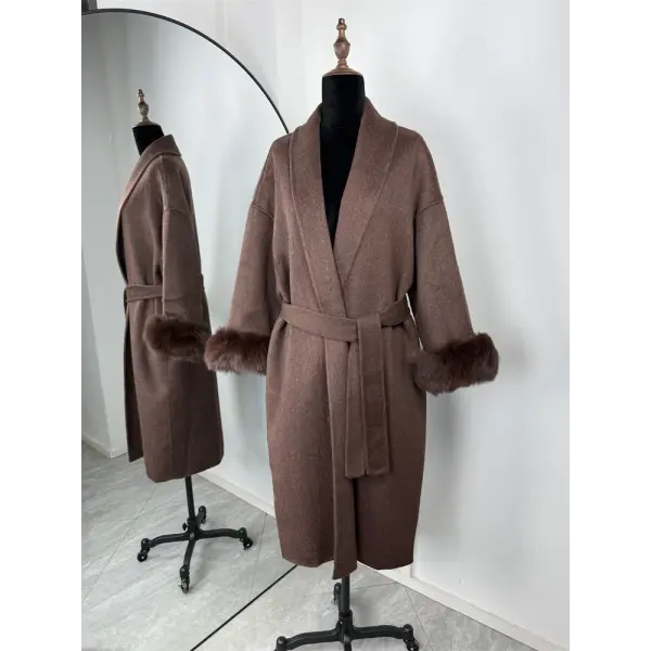 Tossy Women’s Fox Fur Wool Overcoat – Elegant Short Double-Sided Wool Coat Office Lady Loose Cardigan Jacket - Coffee