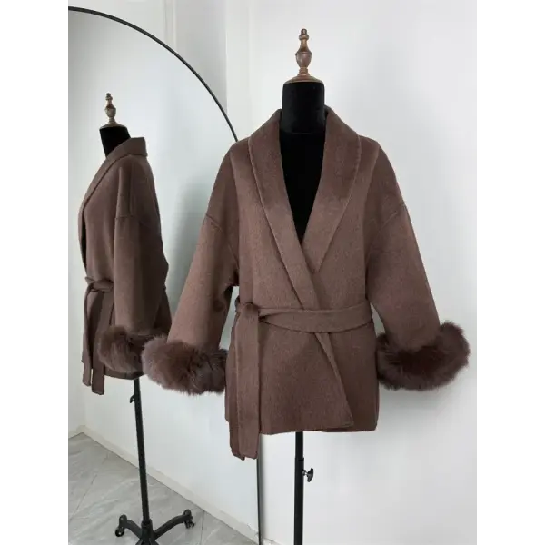Tossy Women’s Fox Fur Wool Overcoat – Elegant Short Double-Sided Wool Coat Office Lady Loose Cardigan Jacket - Coffee