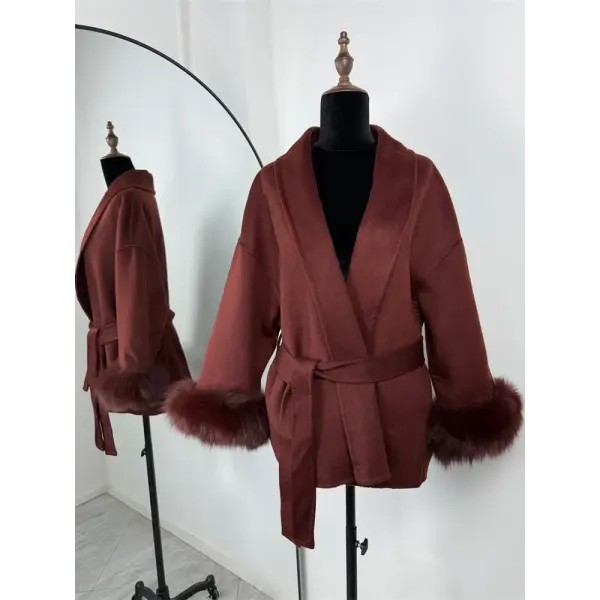 Tossy Women’s Fox Fur Wool Overcoat – Elegant Short Double-Sided Wool Coat Office Lady Loose Cardigan Jacket - Wine Red