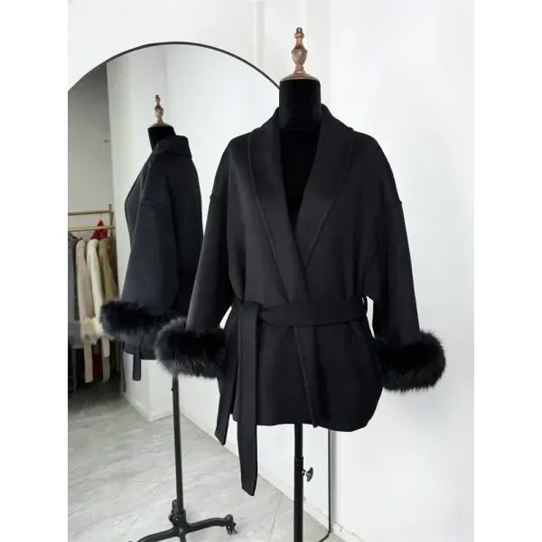 Tossy Women’s Fox Fur Wool Overcoat – Elegant Short Double-Sided Wool Coat Office Lady Loose Cardigan Jacket - Black / M