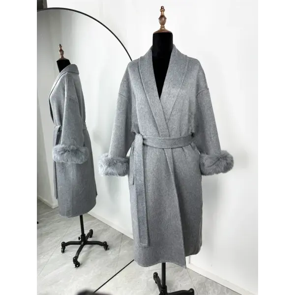 Tossy Women’s Fox Fur Wool Overcoat – Elegant Short Double-Sided Wool Coat Office Lady Loose Cardigan Jacket - Gray