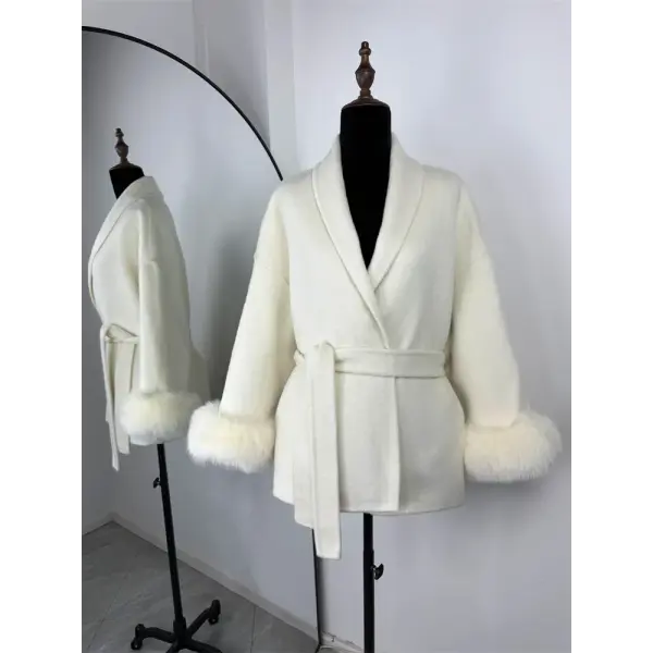 Tossy Women’s Fox Fur Wool Overcoat – Elegant Short Double-Sided Wool Coat Office Lady Loose Cardigan Jacket - White / L