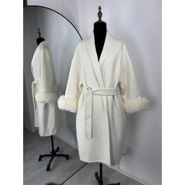 Tossy Women’s Fox Fur Wool Overcoat – Elegant Short Double-Sided Wool Coat Office Lady Loose Cardigan Jacket - White
