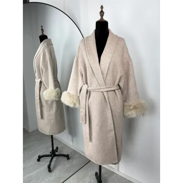 Tossy Women’s Fox Fur Wool Overcoat – Elegant Short Double-Sided Wool Coat Office Lady Loose Cardigan Jacket - Khaiki