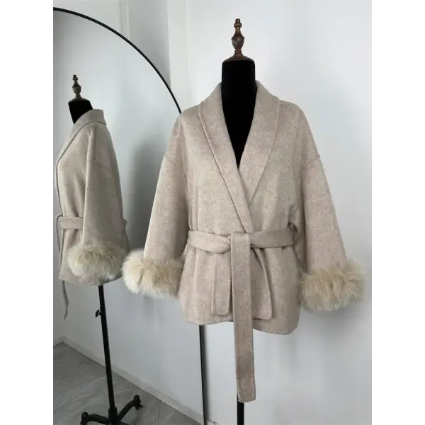 Tossy Women’s Fox Fur Wool Overcoat – Elegant Short Double-Sided Wool Coat Office Lady Loose Cardigan Jacket - Khaiki