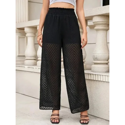 Translucent Elegance: Women’s Spring & Summer High Waist Lace Wide Leg Pants - Black / L