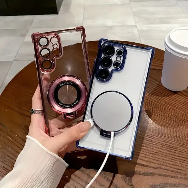 Transparent Electroplated Magnetic Stand Case Cover For Samsung Galaxy S25 S24 S23 S22 S21 Ultra Plus FE A36 A35 A55