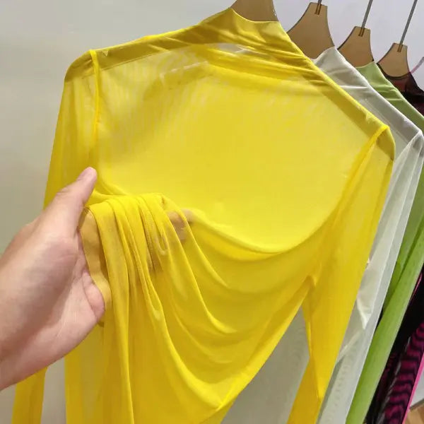 Women’s Transparent Gauze Long Sleeve Top – Summer Sunscreen Half-High Collar Shirt - Yellow / XXL