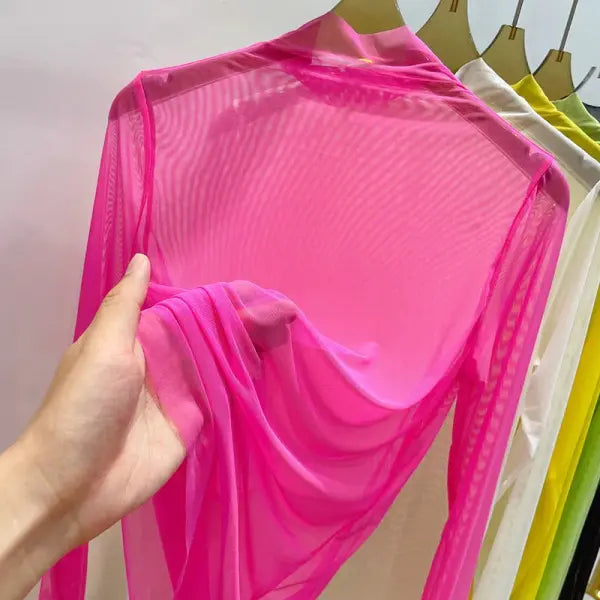 Women’s Transparent Gauze Long Sleeve Top – Summer Sunscreen Half-High Collar Shirt - Rose Red / XXL
