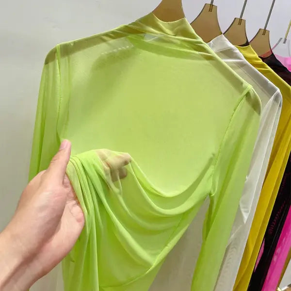 Women’s Transparent Gauze Long Sleeve Top – Summer Sunscreen Half-High Collar Shirt - green / XXL