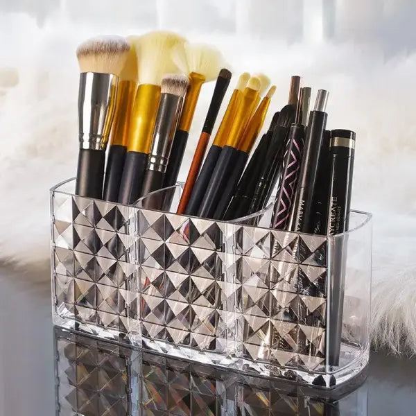 Clear Acrylic Makeup Brush Holder & Lipstick Organizer Multi-Slot Vanity Cosmetic Storage Box - Diamond pattern