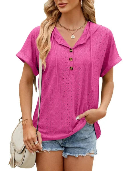 Trendy Button-Up Hooded T-Shirt in Barbie Pink Size for Men and Women - Himpall