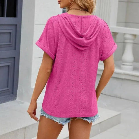 Trendy Button-Up Hooded T-Shirt in Barbie Pink Size for Men and Women - Himpall