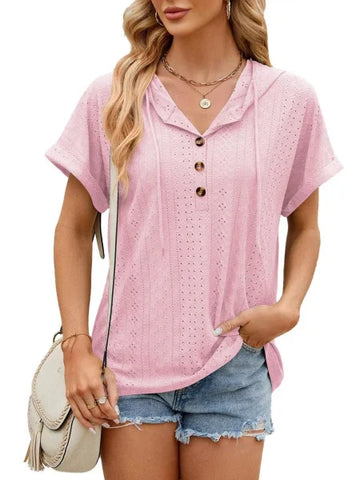 Trendy Button-Up Hooded T-Shirt in Barbie Pink Size for Men and Women - Himpall