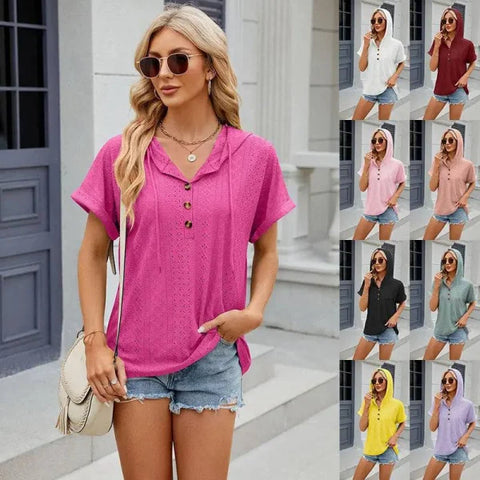 Trendy Button-Up Hooded T-Shirt in Barbie Pink Size for Men and Women - Himpall