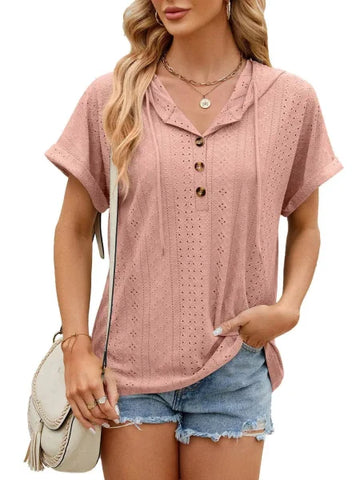 Trendy Button-Up Hooded T-Shirt in Barbie Pink Size for Men and Women - Himpall