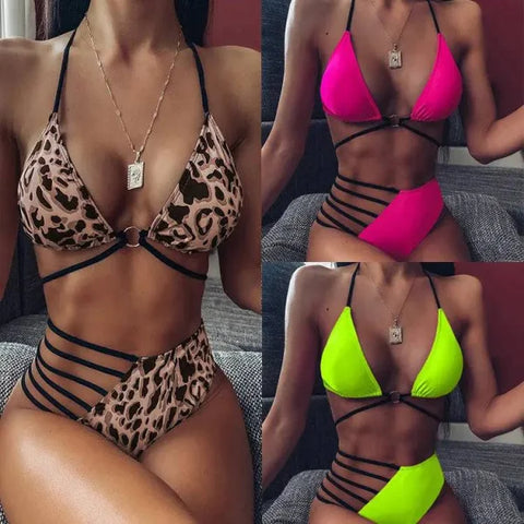 Halter Neck Swimsuit - Trendy Leopard Print Bikini Set